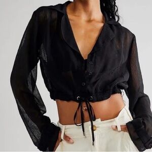 Free People Michelle Long Sleeve Sheer Black Top