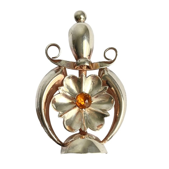 Vintage Sterling Silver Brooch Flower Perfume Bottle Citrine Glass Rose Gold Pin - Picture 1 of 13