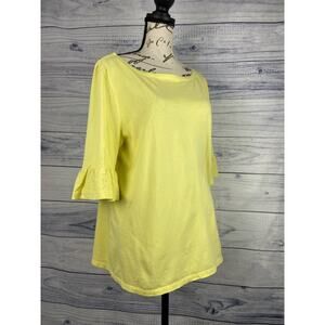 Talbots Cotton Tee Shirt Womens Large Scoop Neck Elbow Sleeves Ruffles Yellow