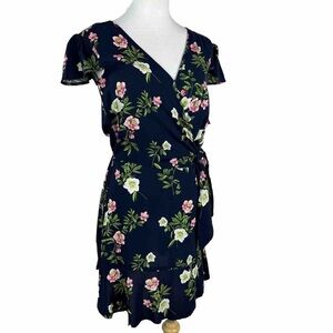 Xhilaration Navy Floral Tie Waist Ruffle Sleeve Dress