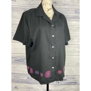 Kim Rogers Linen Shirt Womens PL Floral Embroidery Short Sleeve Button Down