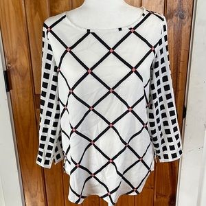 New York & Co White Black Pink Windowpane Plaid Block Top Small 3/4 sleeve