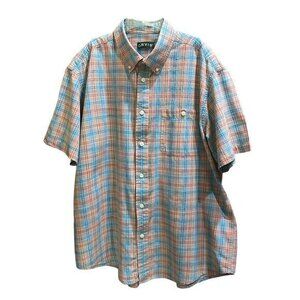 Orvis Mens Button Down Shirt Plaid Blue Peach Short Sleeve Button Pocket Size XL