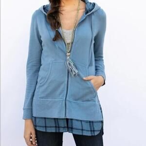 EVY'S TREE The Bryony Zip-Up Hoodie Solid Blue & Plaid Size 2X