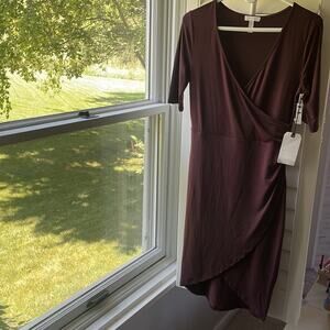 LEITH 🆕 NWT Dark Purple Merlot Stretch V-Neck Tulip Hem  Midi Dress Med