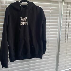 OBEY Y2K Skater Grunge Black Butterfly Graphic Hoodie Size Large