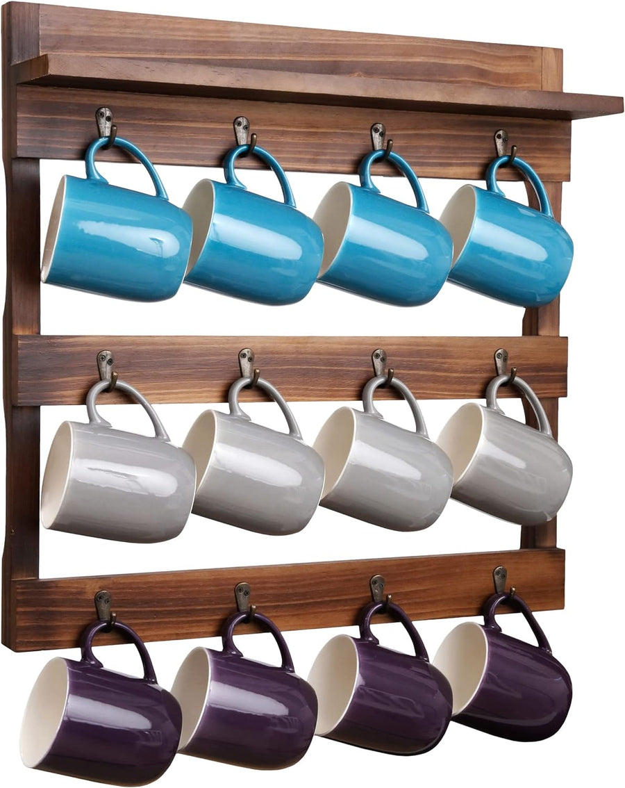 Rustic Mug Rack Wall Mounted With Shelf - 12 Coffee Cup Hangers, Rustic Brown - $30