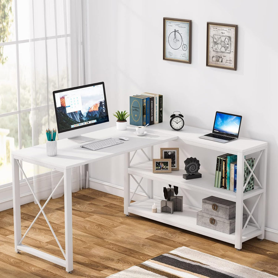 Tribesigns Reversible Industrial L-Shaped Desk with Storage Shelves - $85