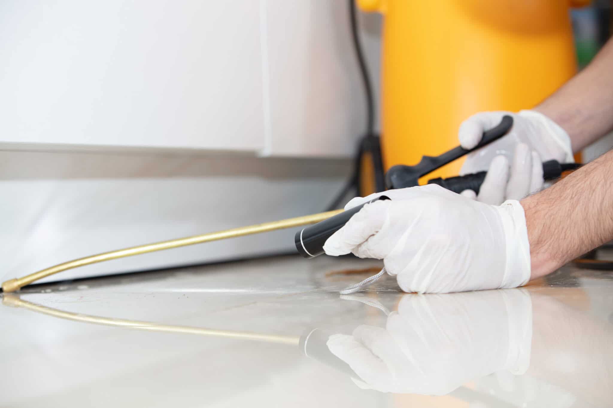 An up close shot of male exterminator’s gloved hand spraying pesticide into a crack between a white cabinet and white floor while also shining a flashlight