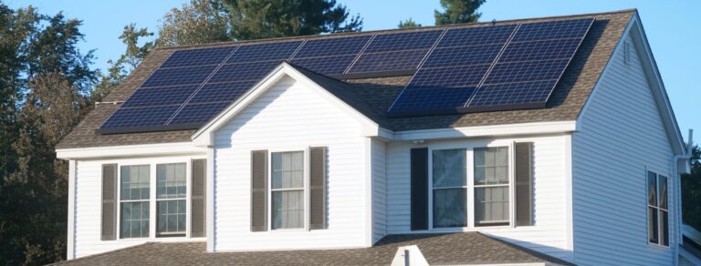 A traditional white house with black shutters and solar panels on the roof.