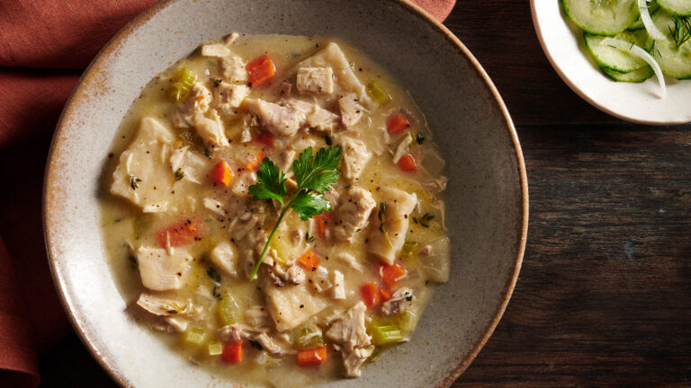 Chicken and Dumplings with Cucumber and Onion Salad