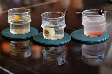 Tiny cocktails, Vesper, from left, Martini and French, are seen at Bar Colette Wednesday,...