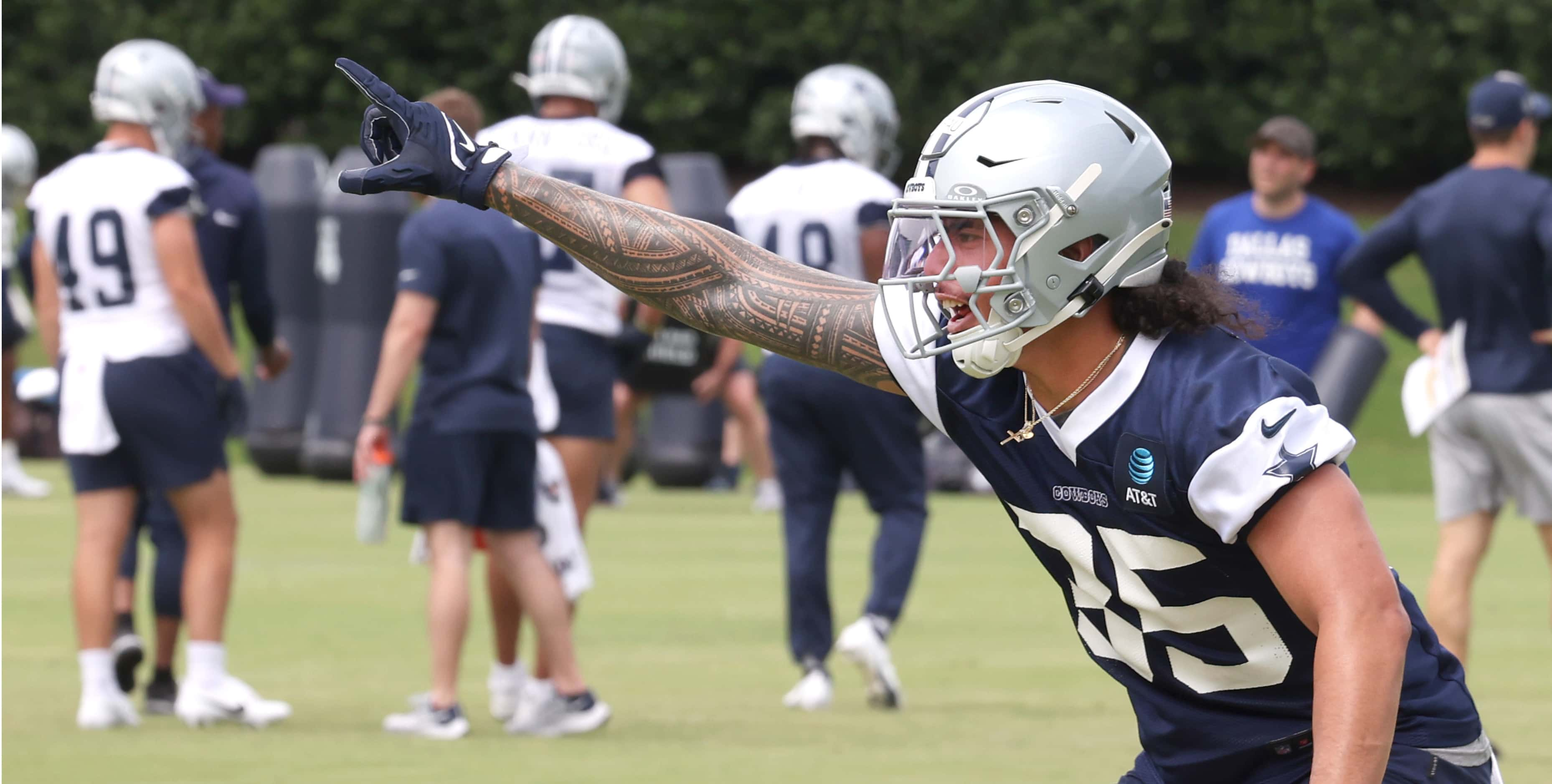 Dallas Cowboys linebacker Marist Liufau (35) directs defensive players just prior to the...