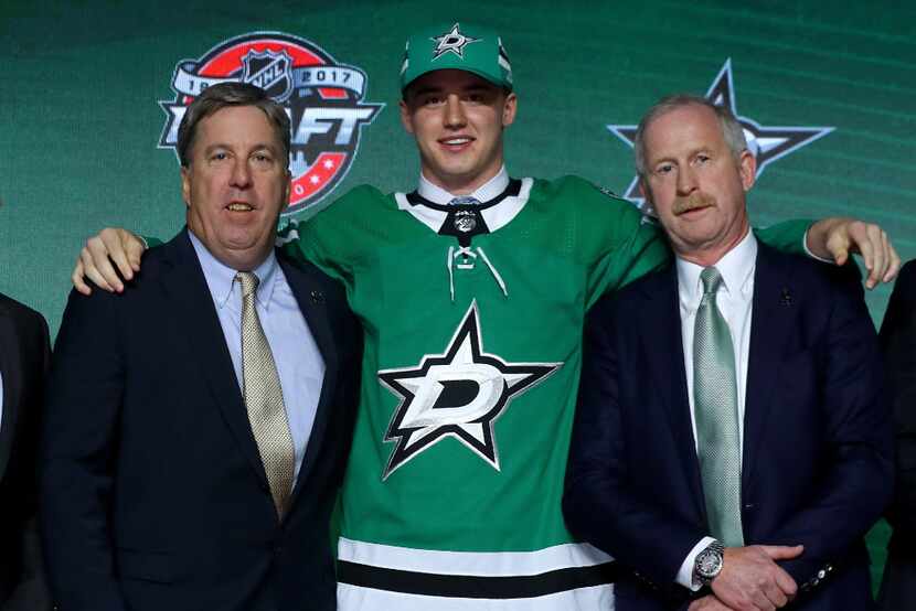 CHICAGO, IL - JUNE 23:  Jake Oettinger poses for photos after being selected 26th overall by...