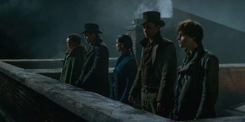 Danielle Galligan as Nina Zenik, Freddy Carter as Kaz Brekker, Suman as Inej Ghafa, Young as Jesper and Jack Wolfe as Wylan Hendriks