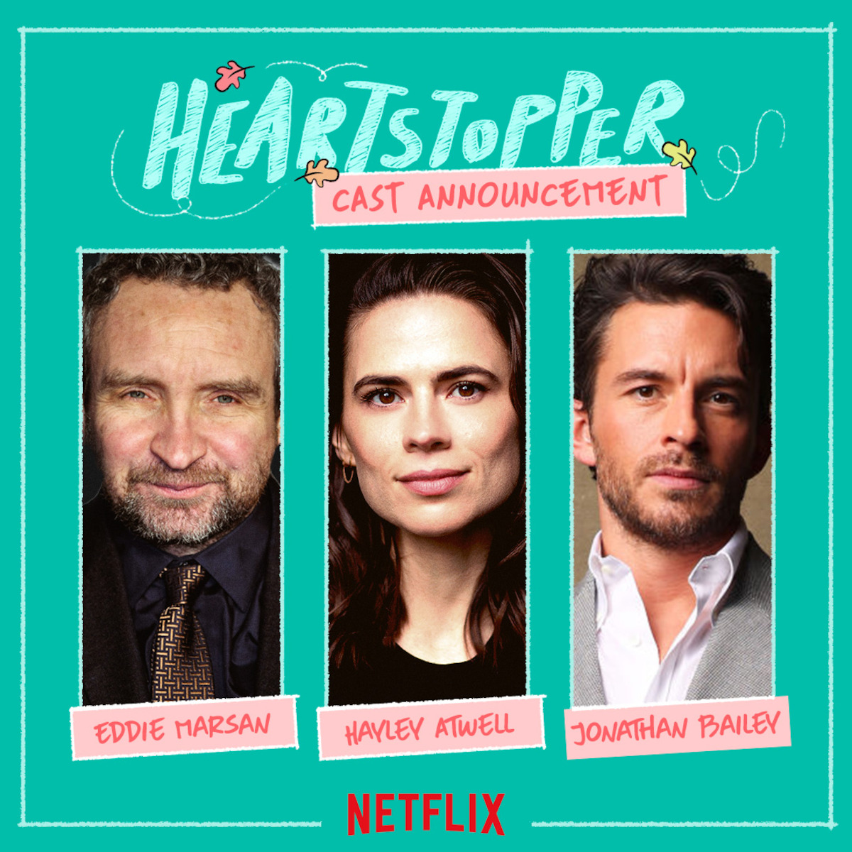 Headshots of Eddie Marsan, Hayley Atwell, and Jonathan Bailey