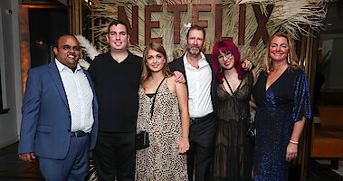 Subodh Garg, David Isaacman, Abbey Romeo Lutes, Cian O'Clery, Dani Bowman, and Karina Holden attend the Netflix Creative Arts Emmy After Party in Los Angeles.