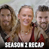 Sam Corlett (Leif Eriksson), Frida Gustavsson (Freydís Eiríksdóttir), Leo Suter (Harald Sigurdsson) in front of a scenic background with the text "SEASON 2 RECAP" in front of them.