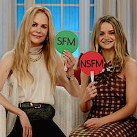 Actors Nicole Kidman and Joey King seated, holding "SFM" or "NSFM" panels