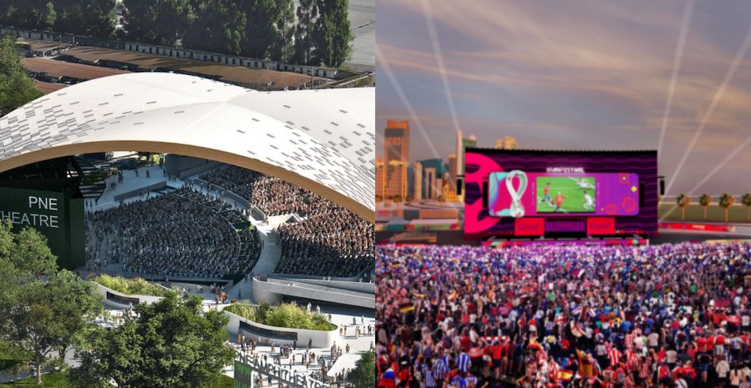 Artistic renderings of the new PNE Amphitheatre at Hastings Park in Vancouver (Revery Architecture/City of Vancouver) and the 2022 FIFA World Cup Fan Festival in Doha, Qatar (FIFA).
