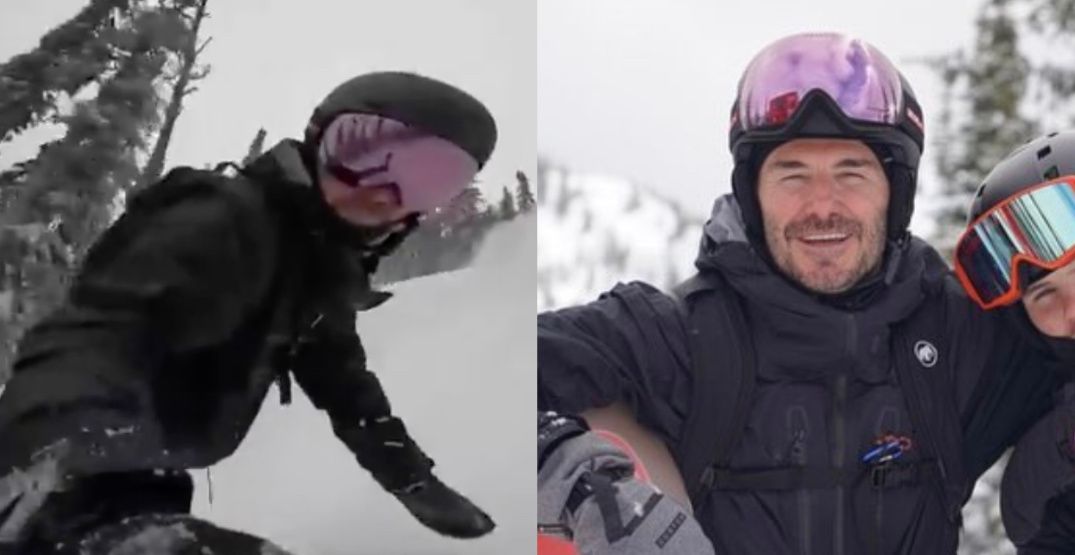 David Beckham does a "triple somersault face plant" snowboarding in BC