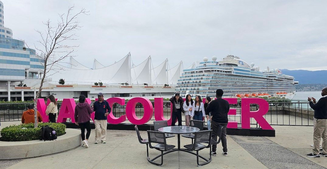 New temporary "VANCOUVER" sign at Granville Square Plaza, as seen on June 29, 2024. (Kenneth Chan/Daily Hive)