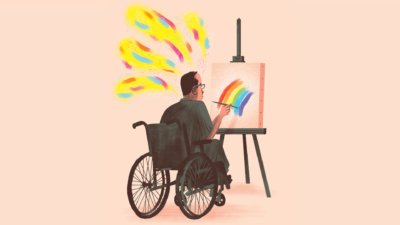 An illustration of a patient in a wheelchair painting at an easel.