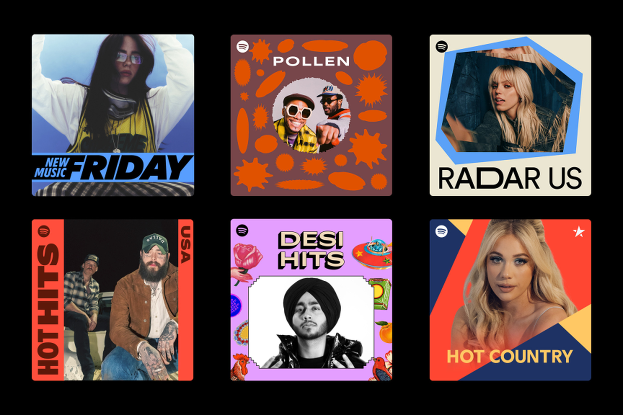 A promotion of Spotify’s new Spotify Mix typeface showing six different playlist covers.