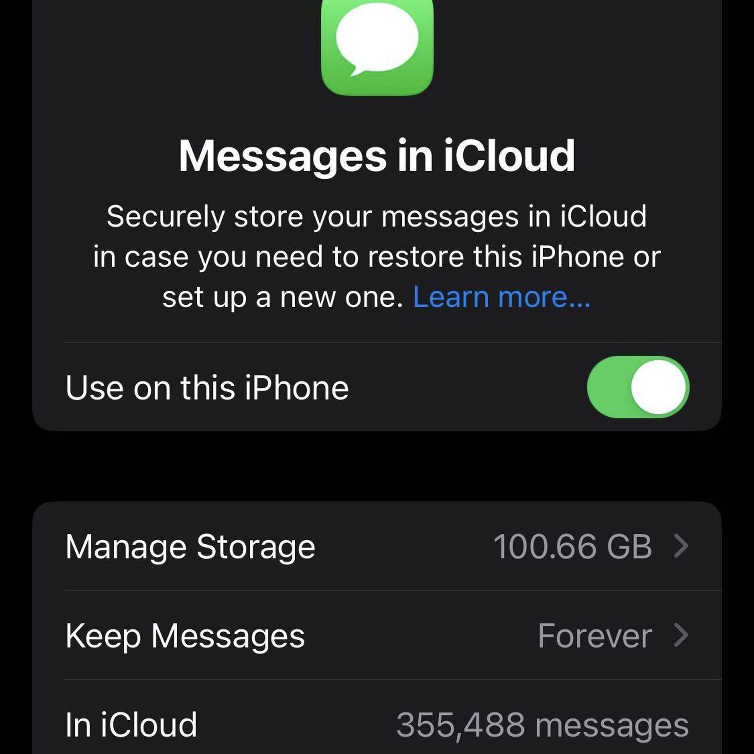 messages in the cloud, 100.66GB used, keep forver, 355,488 messages