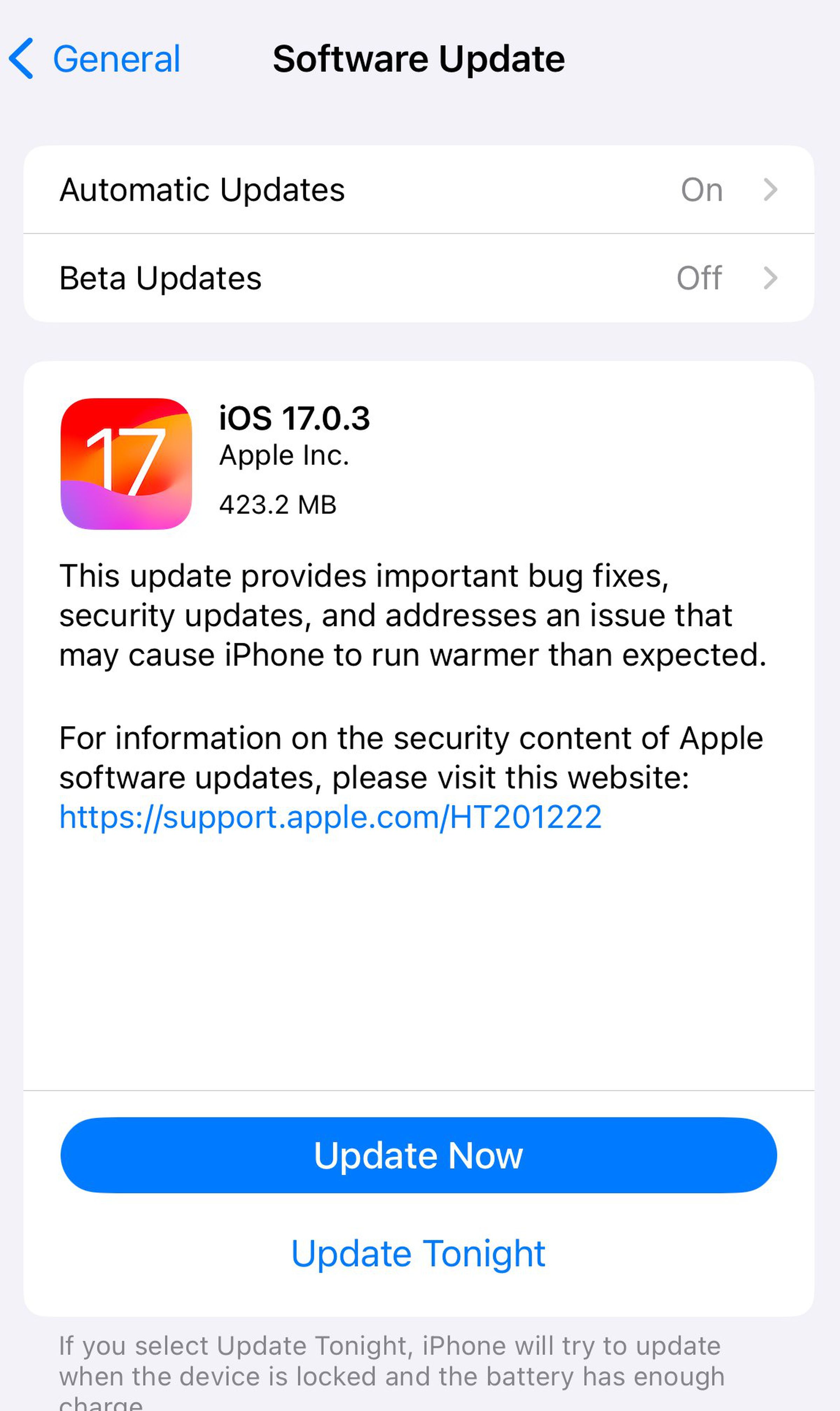iPhone screenshot showing the details of the iOS 17.0.3 update.