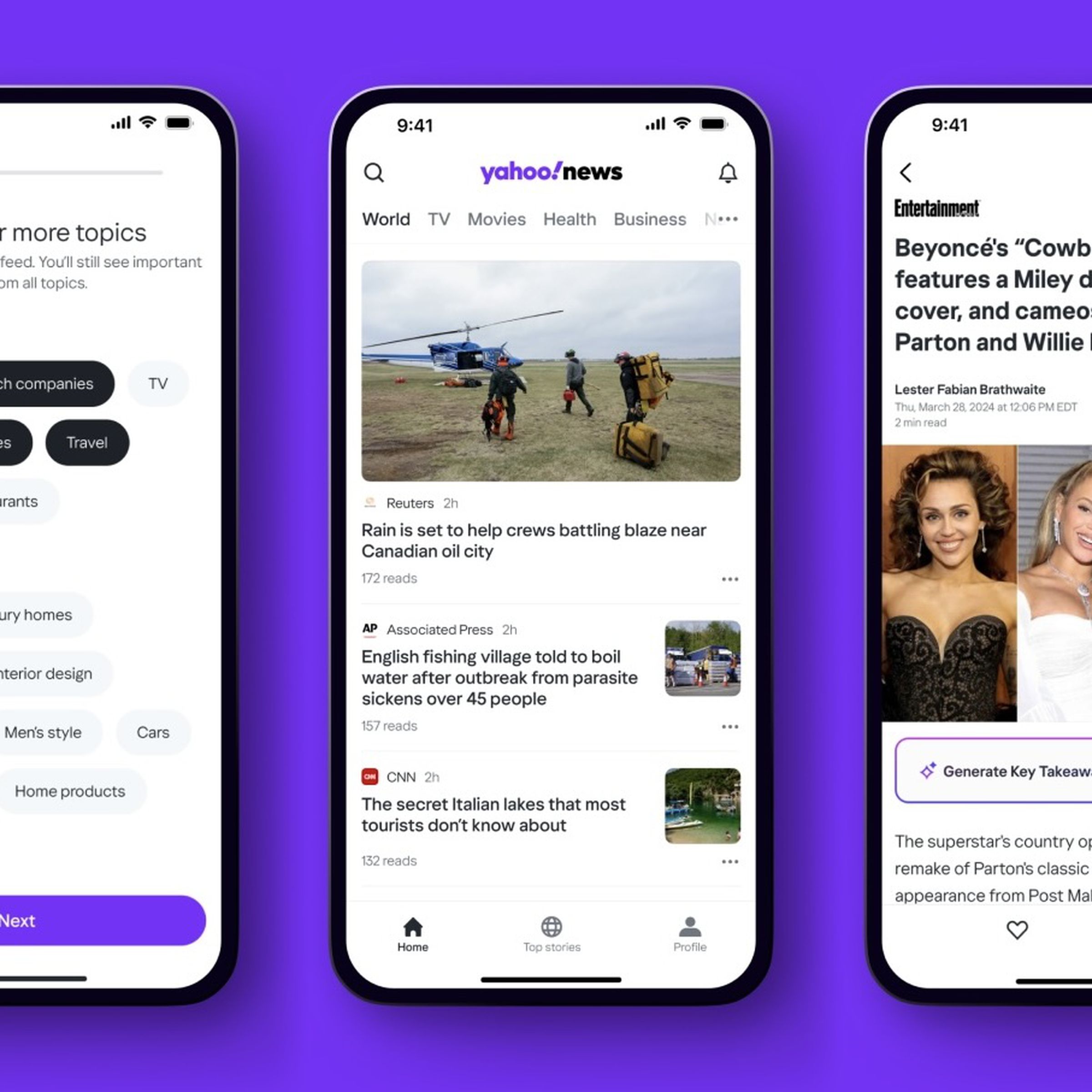 three screenshots of Yahoo News app, firs showing topics to personalize, then news feed, then a Beyonce story with a button to summarize it.