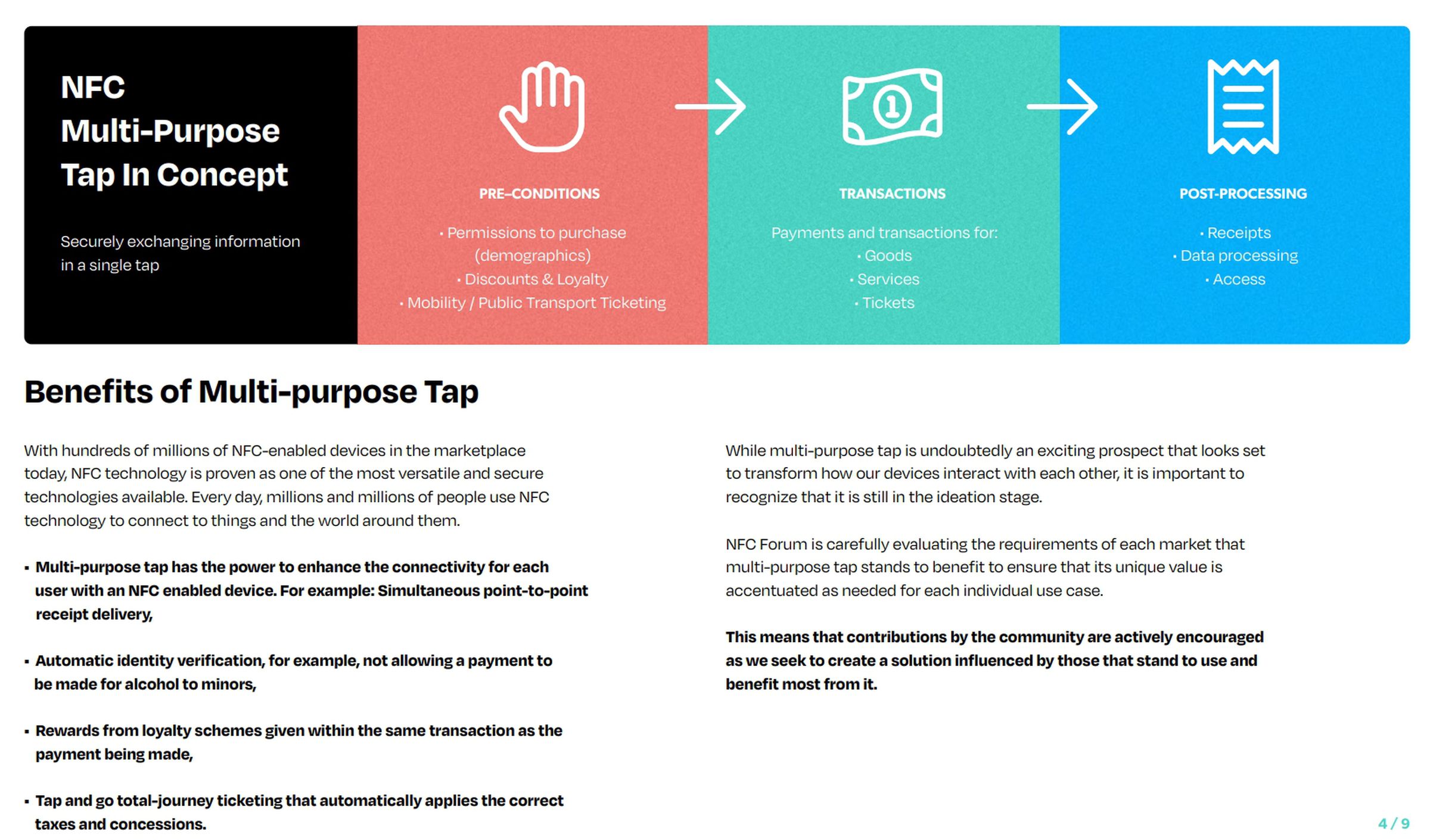 • Multi-purpose tap has the power to enhance the connectivity for each user with an NFC enabled device. For example: Simultaneous point-to-point receipt delivery, • Automatic identity verification, for example, not allowing a payment to be made for alcohol to minors, • Rewards from loyalty schemes given within the same transaction as the payment being made, • Tap and go total-journey ticketing that automatically applies the correct taxes and concessions