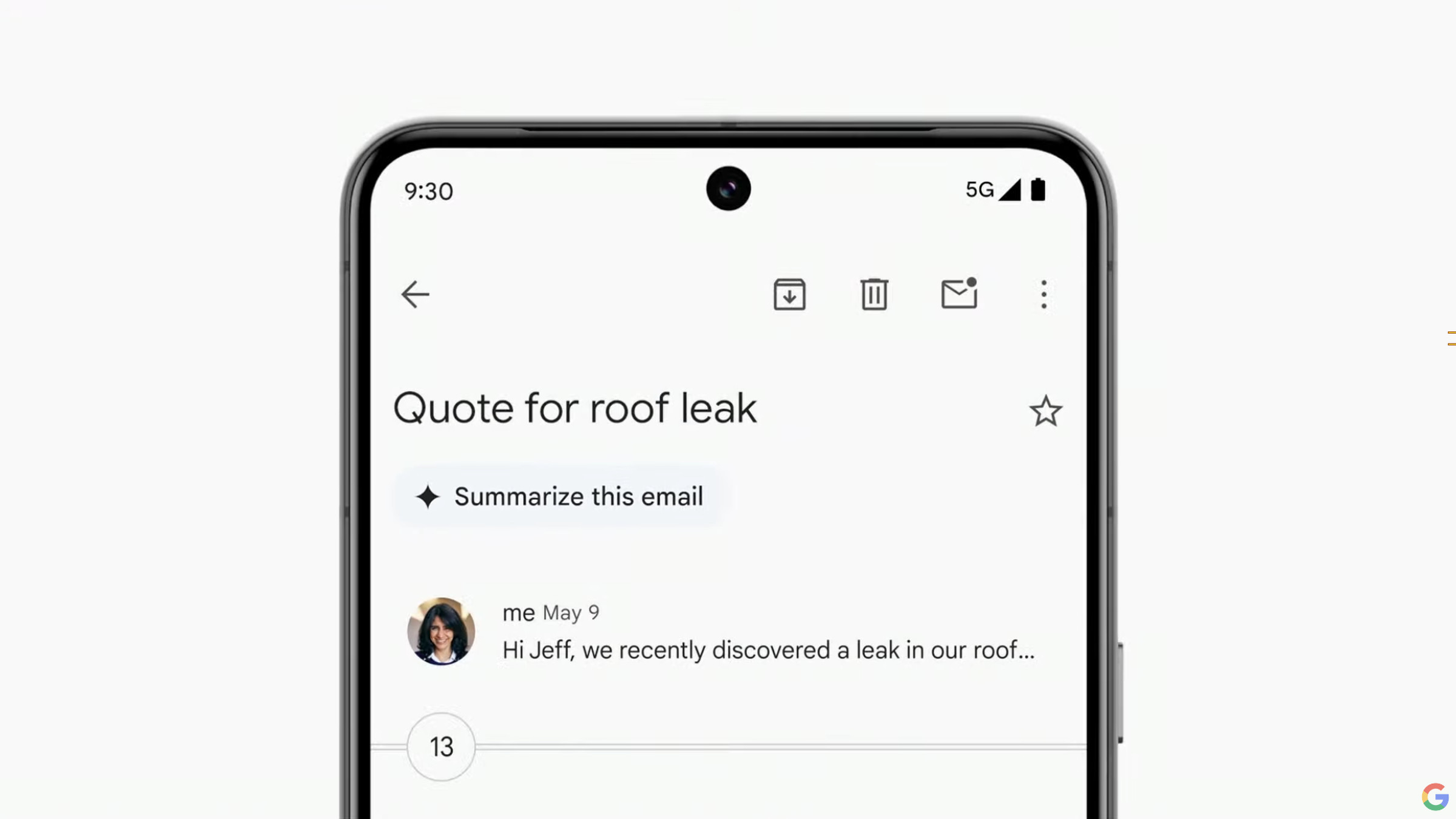 Screenshot of Gmail in a smartphone, with a new “Summarize this email” button.