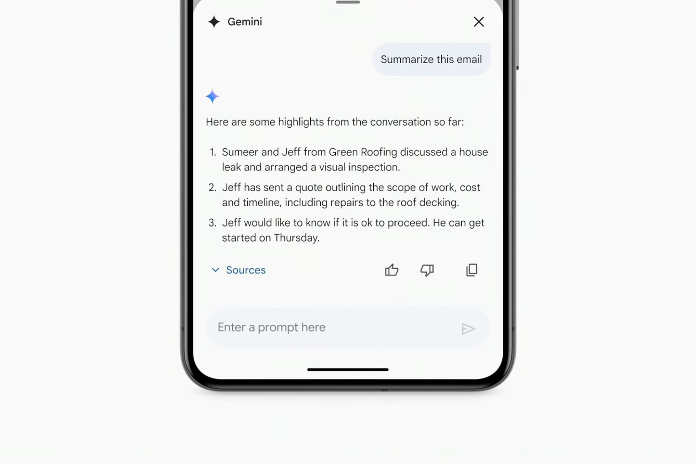 Screenshot showing a summary of an email thread provided by Gemini in the Gmail app.