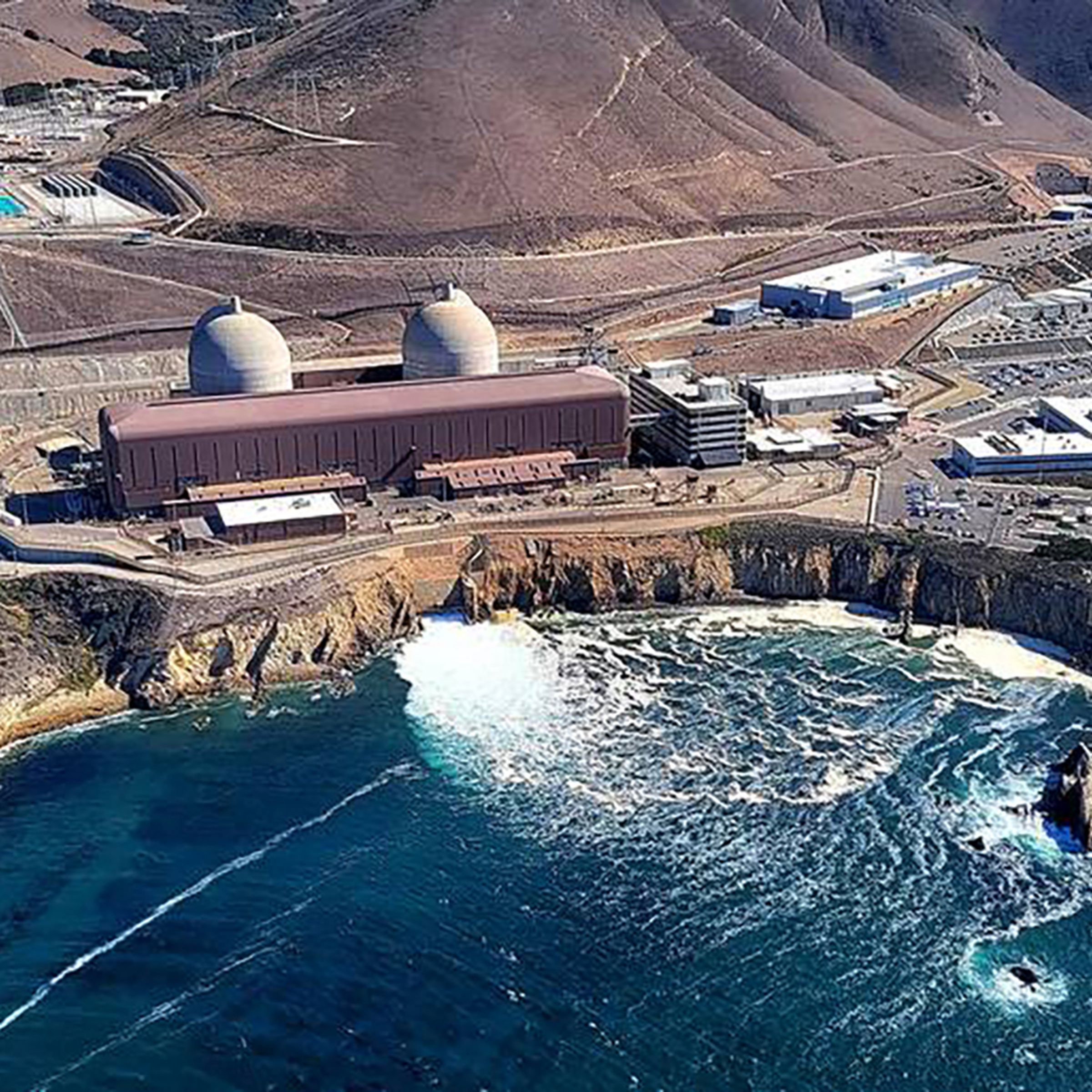 Aerial view of a nuclear power plant on the coast of California.