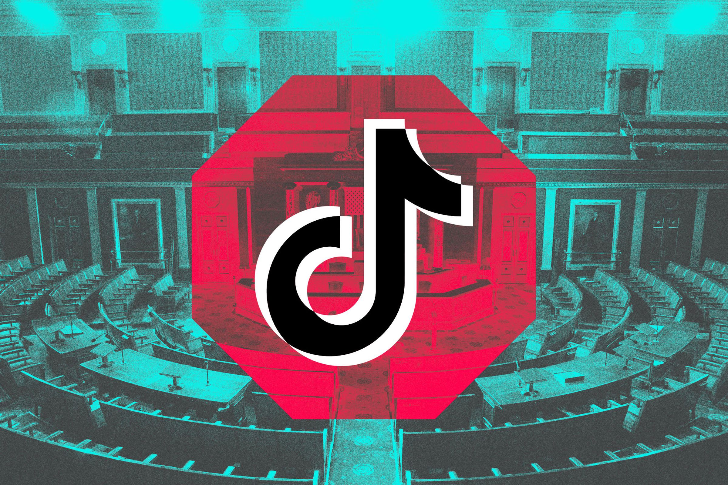 Graphic photo illustration of the TikTok logo in a stop sign overlayed on a photo of Congress.