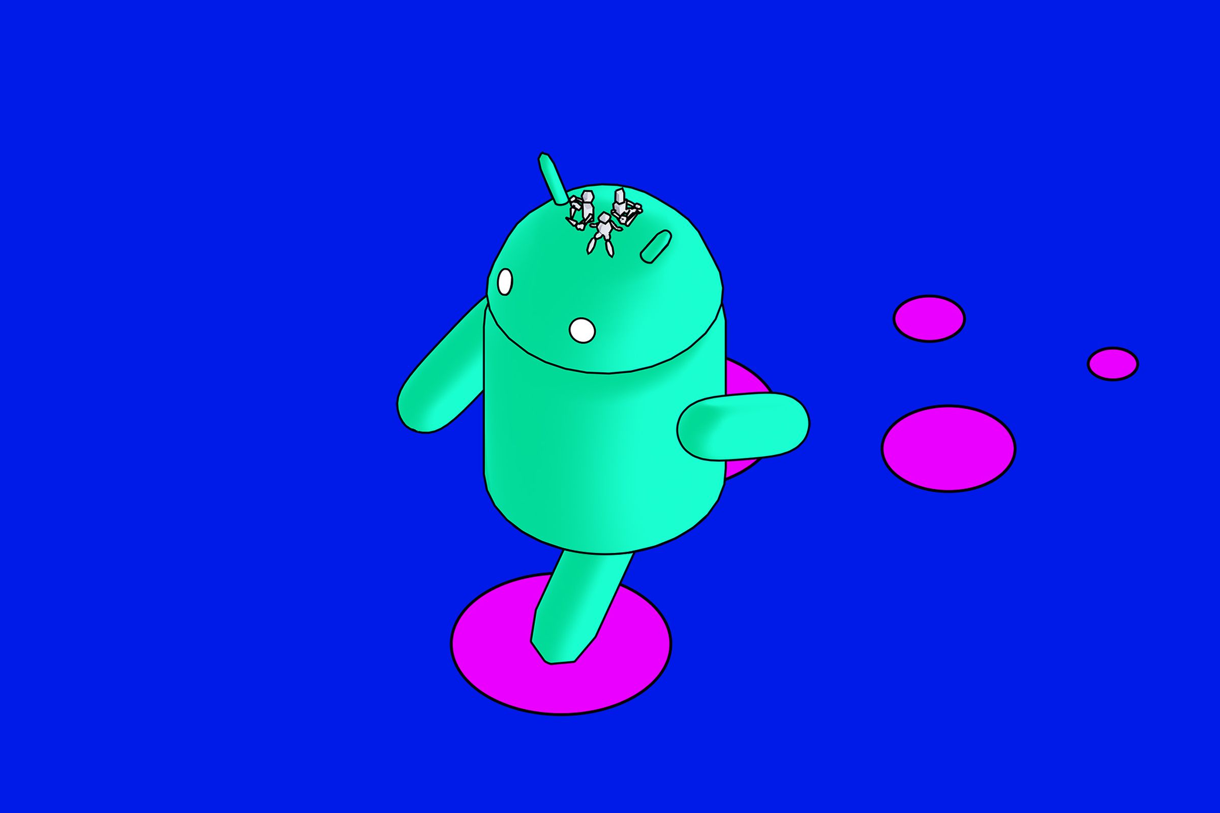 Three characters sit on top of a large android, inspired by the Android logo, across an open area.
