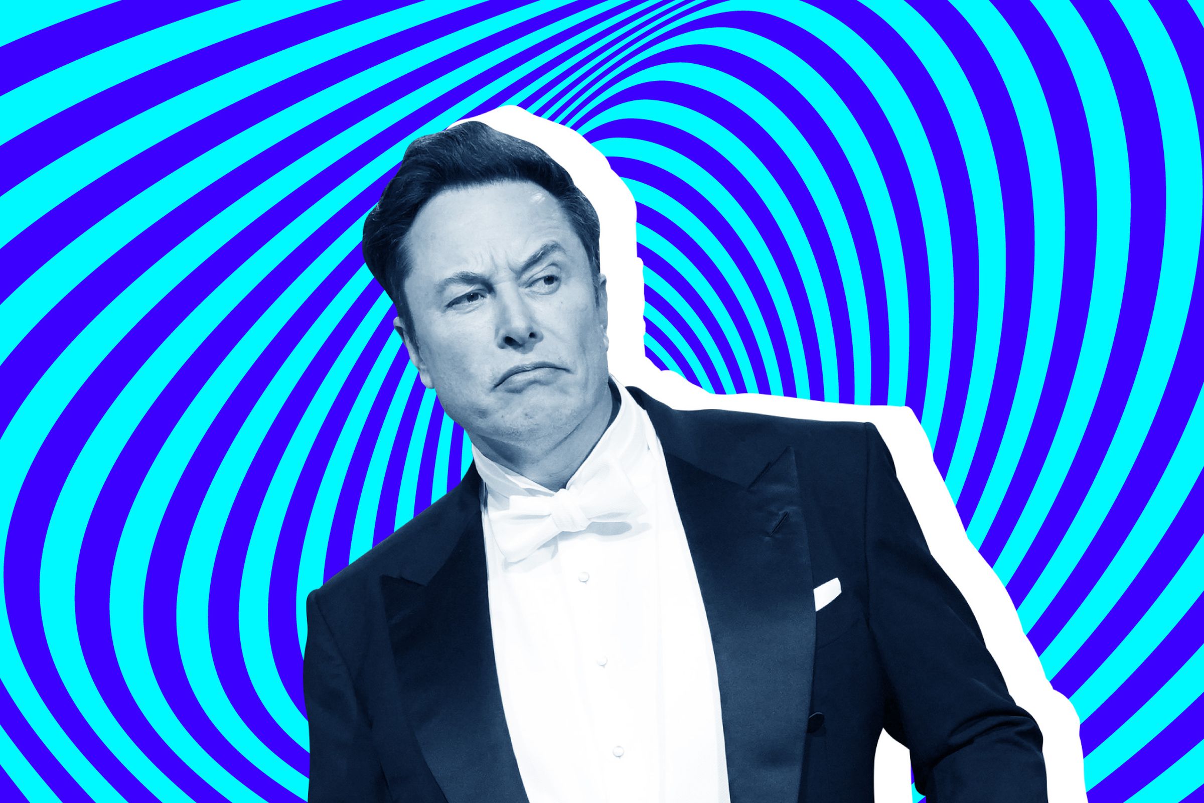 An image of Elon Musk on a blue illustrated background.