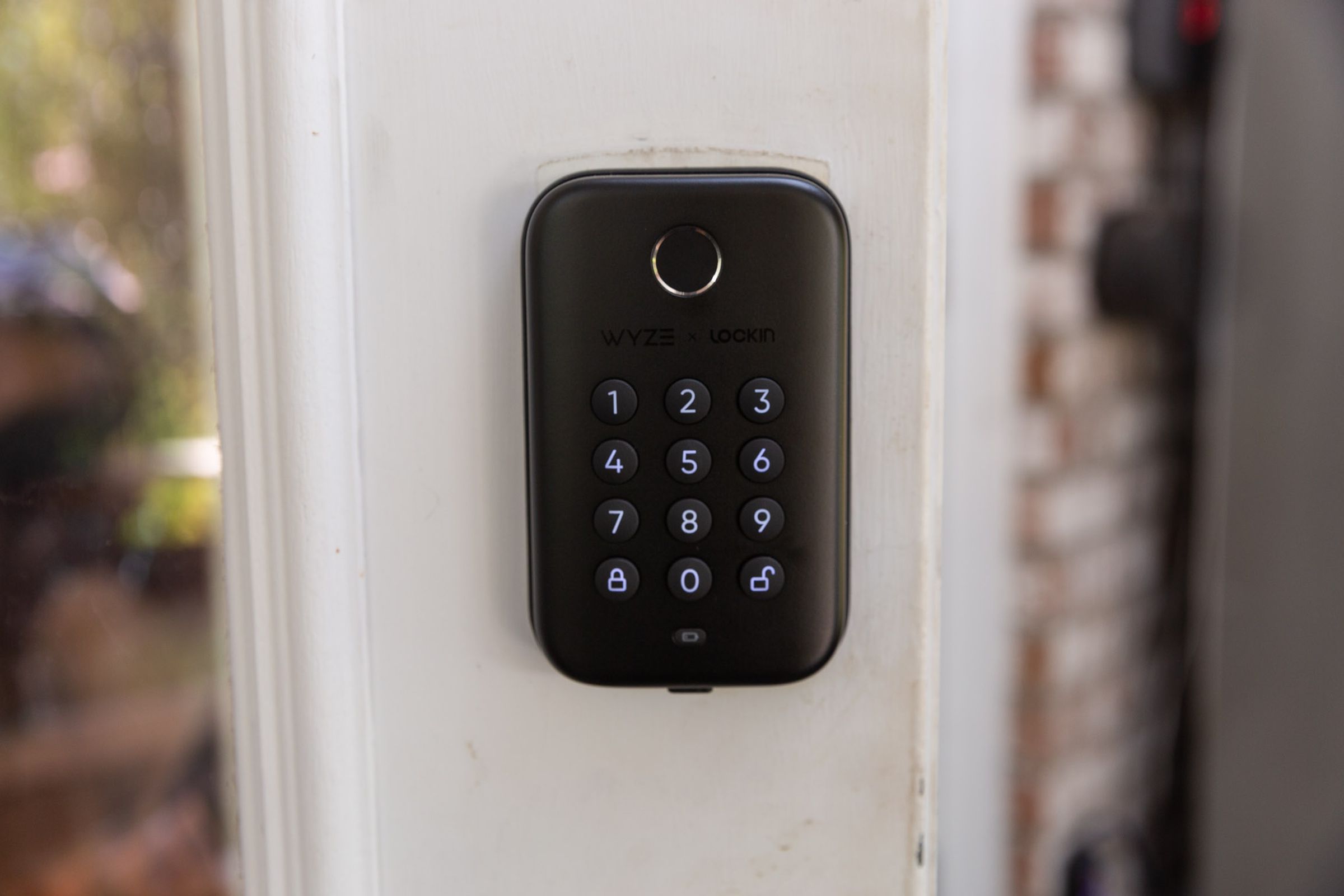 A keypad door lock on a door