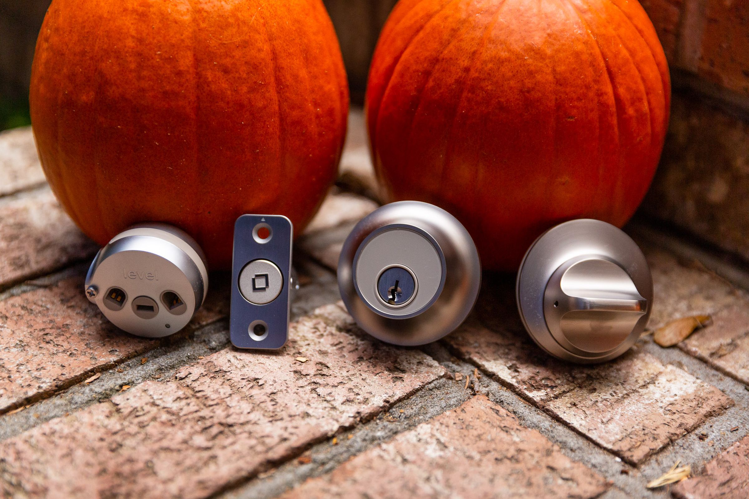 The components of the Level Lock Plus arranged per the caption. The caption doesn’t mention the two pumpkins in the background, but they’re there.