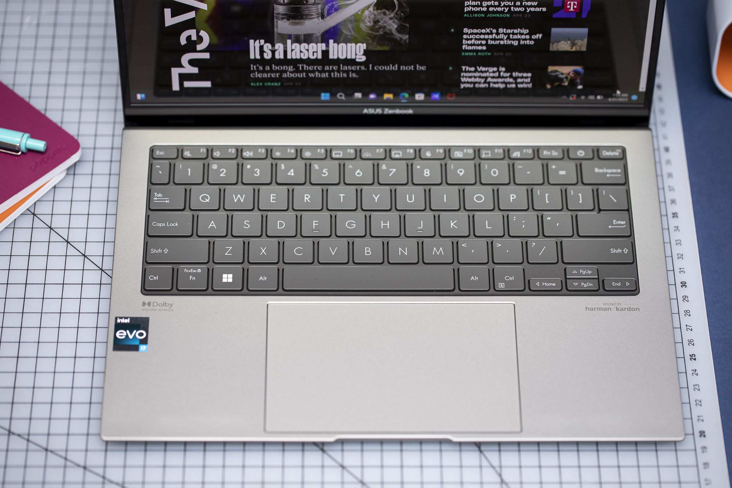 The keyboard of the Asus Zenbook S 13 OLED seen from above.