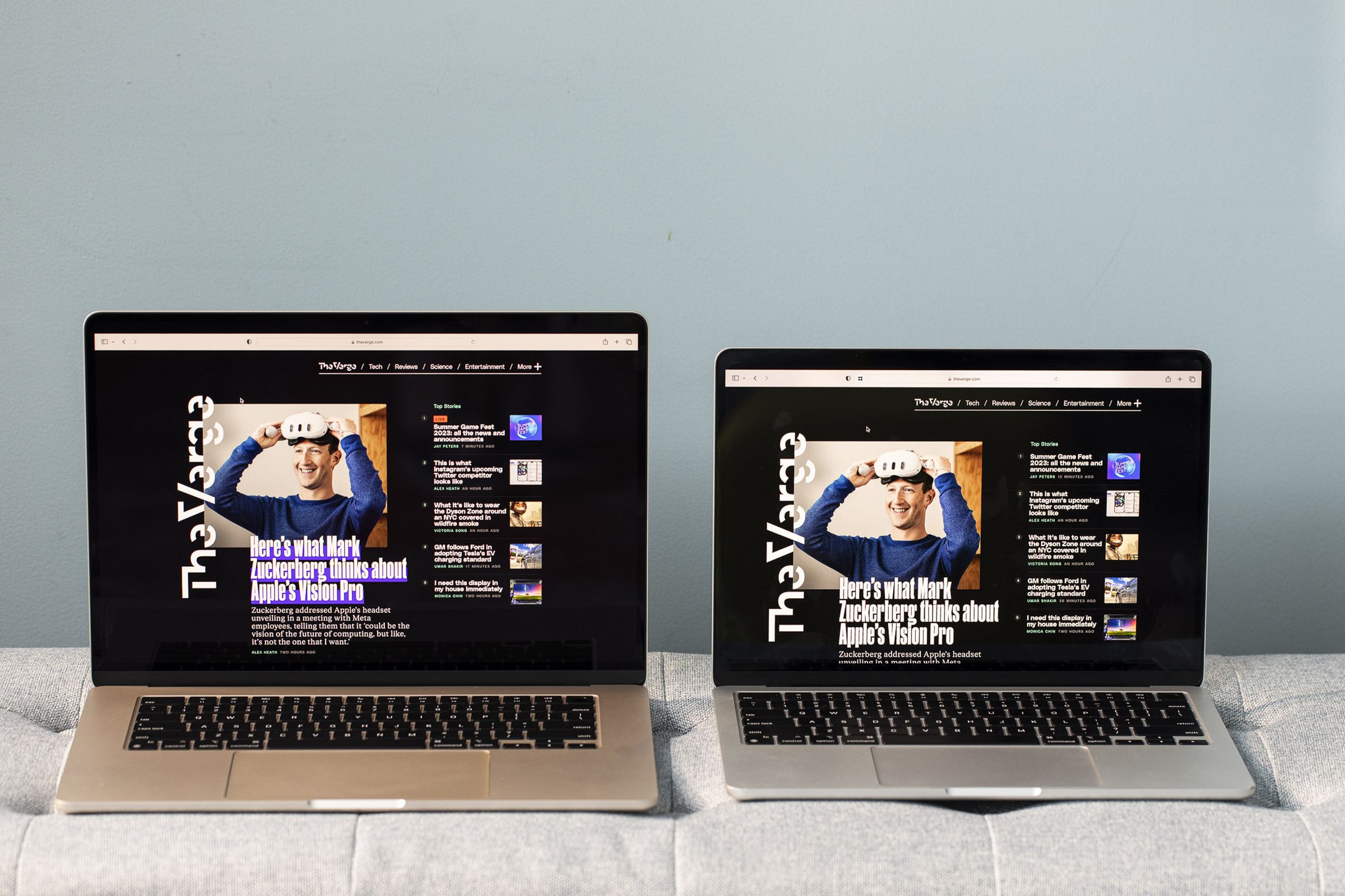 A 15-inch MacBook Air next to a 13-inch MacBook Air.