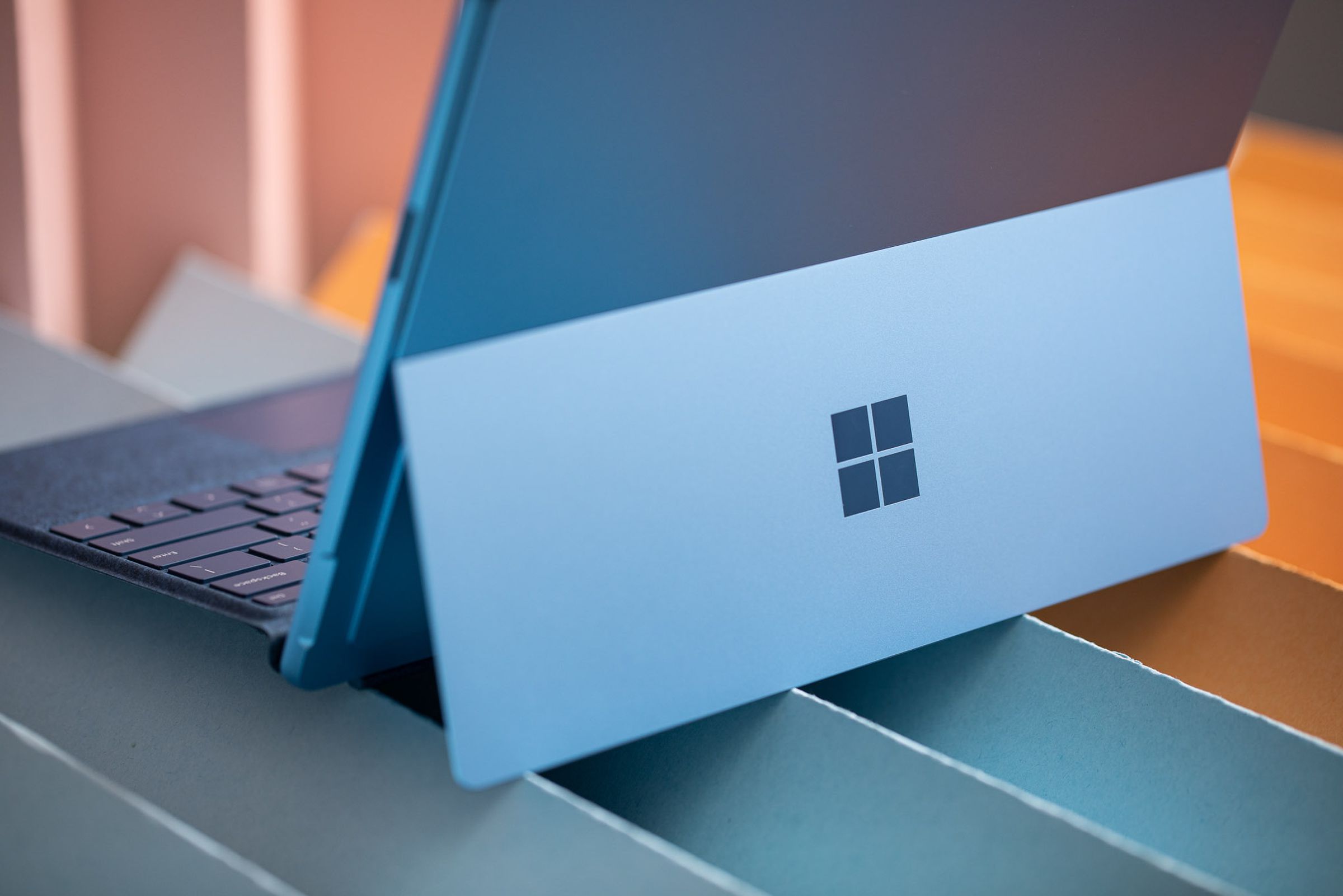 The Surface Pro 9 in laptop mode seen from beind.