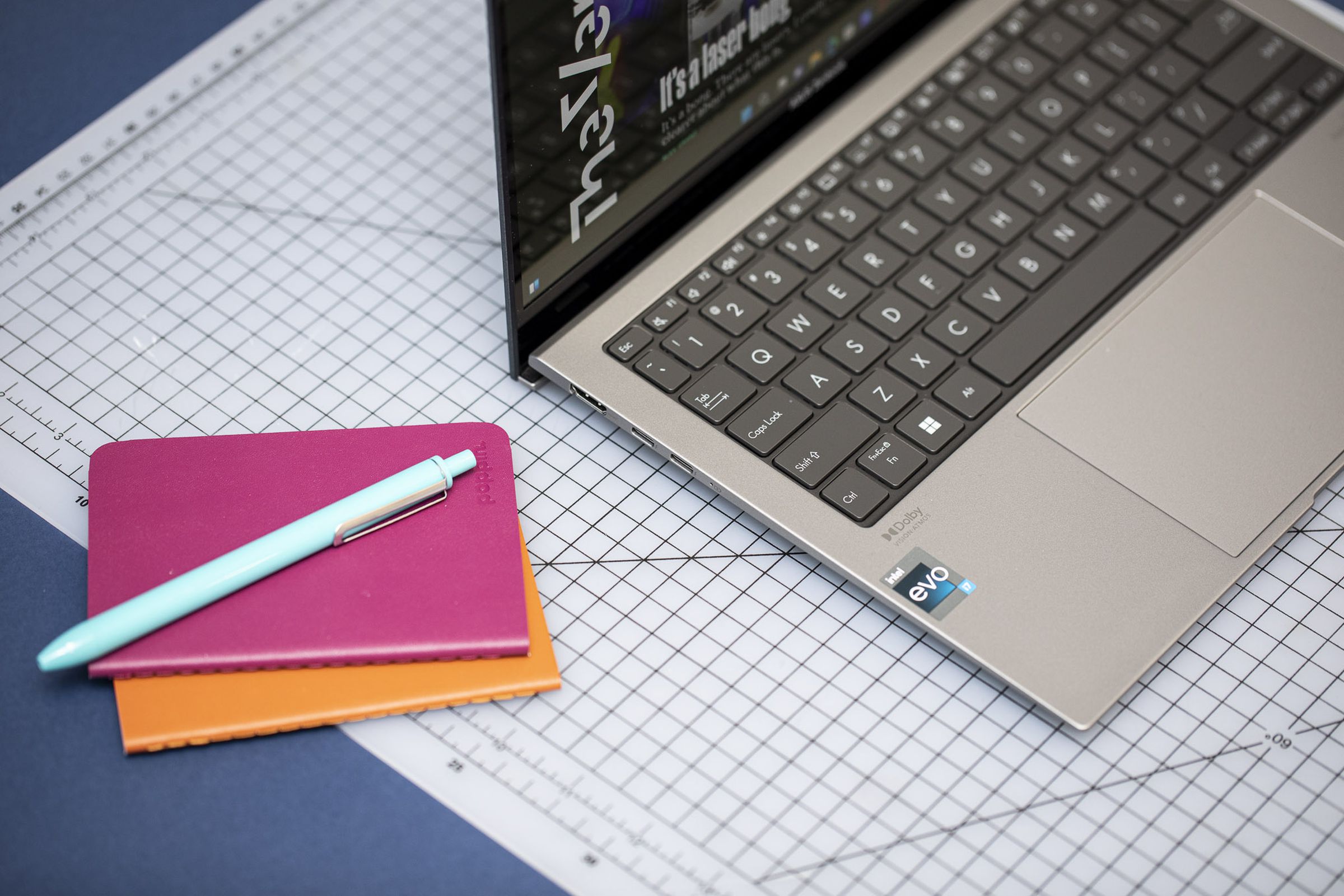 The Asus Zenbook S 13 OLED seen from above and to the left.