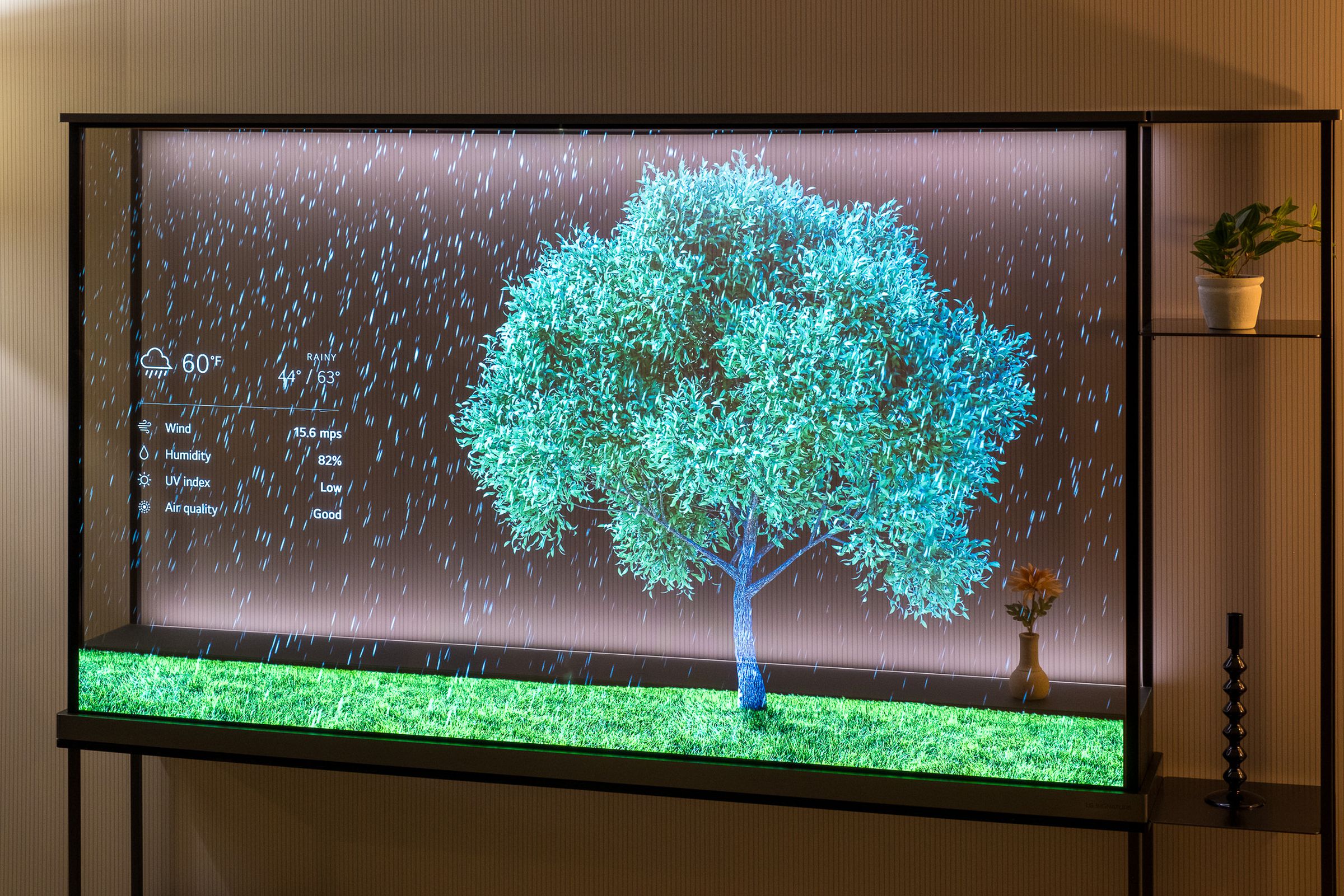 A photo of LG’s transparent OLED TV.