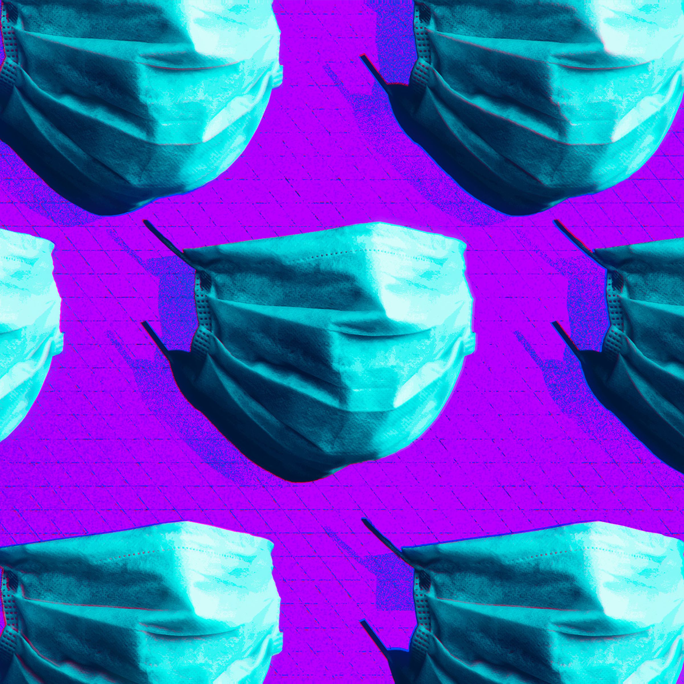 A pattern of light blue face masks against a purple background.