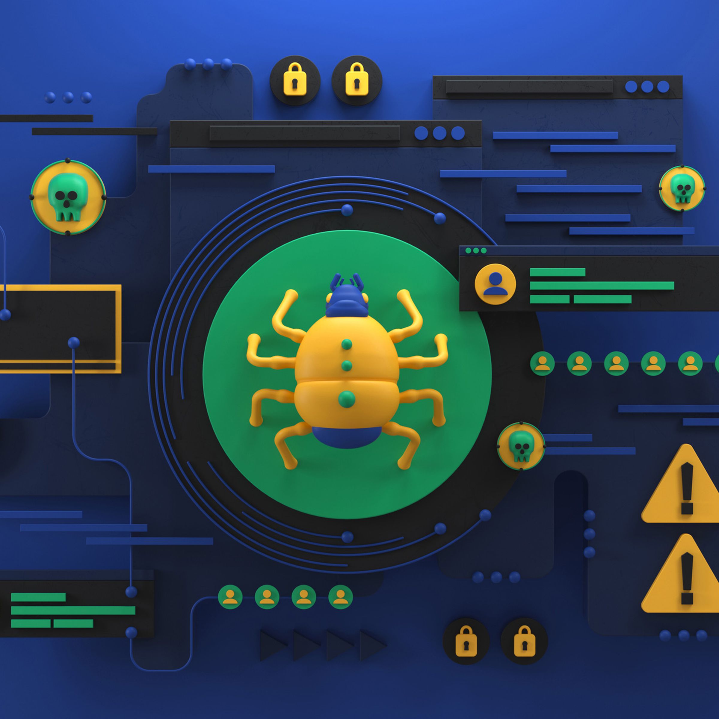 A collection of warning signs, bugs, and notifications emulating malware or a cyber attack. The images are placed in a connected web against a blue background.