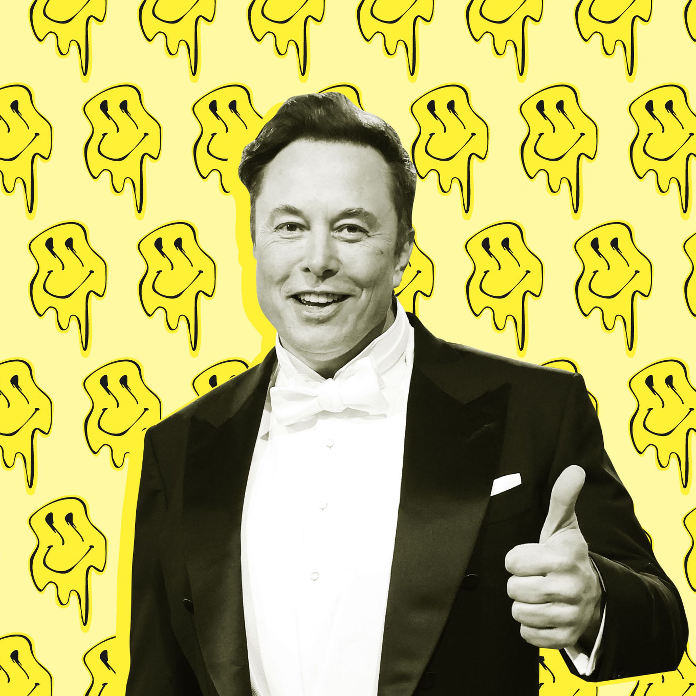 Elon Musk gives a thumbs-up while smiley faces melt in the background