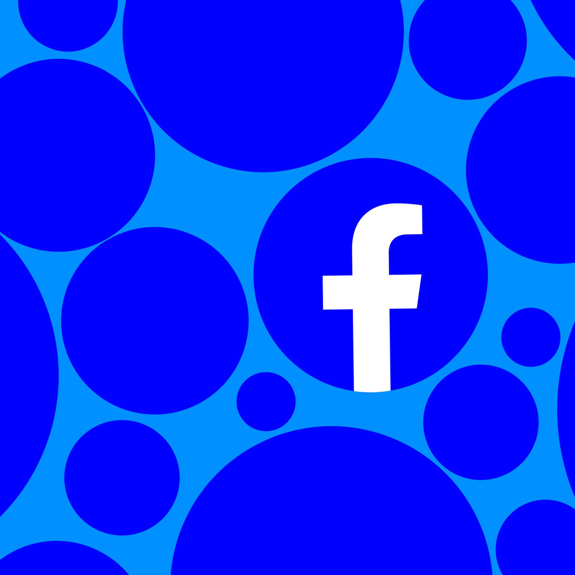 The Facebook logo on a blue background surrounded by blue circles.