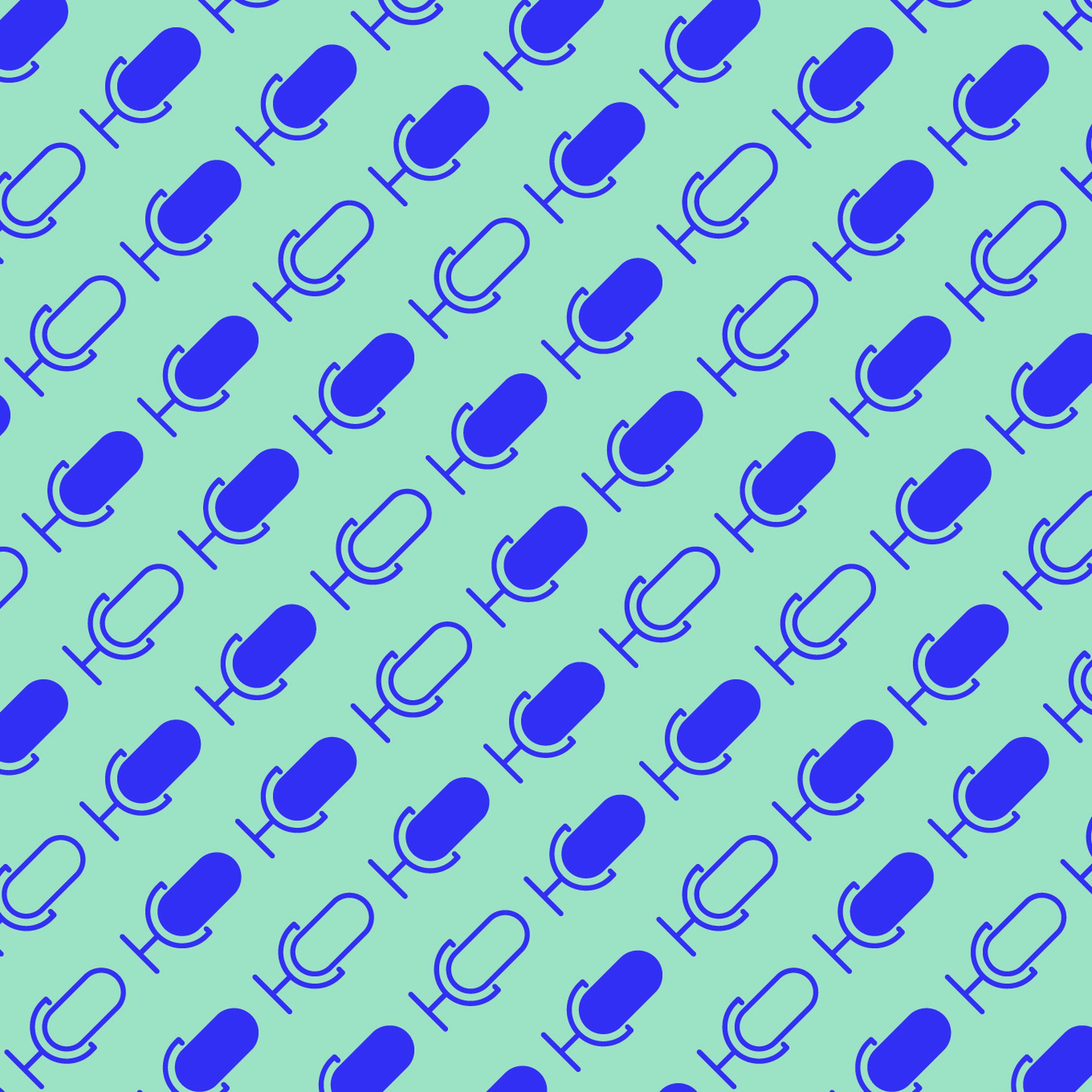 Illustration of a series of blue microphones on a teal background.